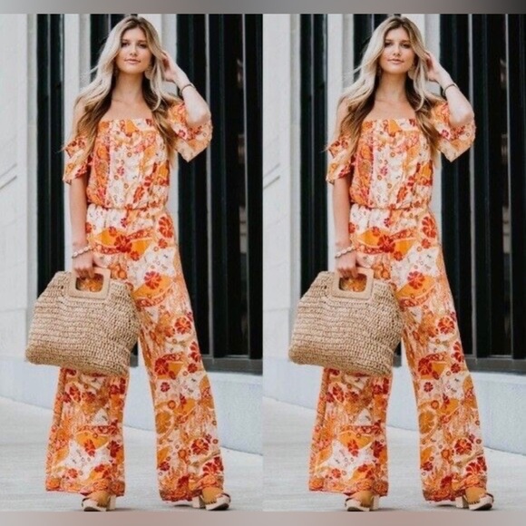 Free People|Carmen Jumpsuit,Boho floral wide leg jumpsuit-off the shoulders••• - Picture 4 of 15